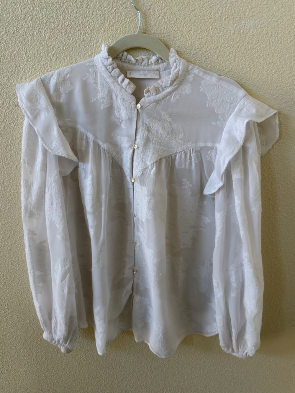 Mango Cream Ruffle-Neck Sheer Blouse